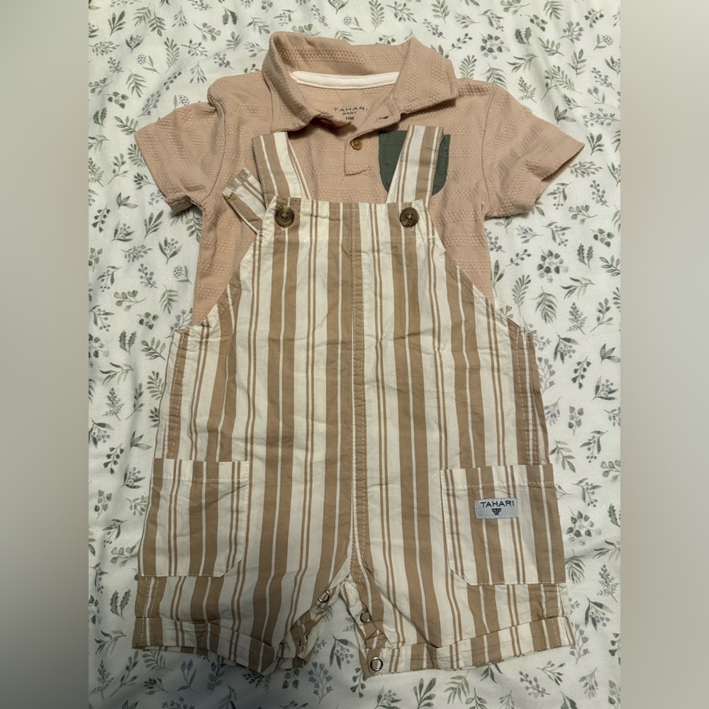 Stylish Tanam Kids Striped Overalls Set - Beige and White